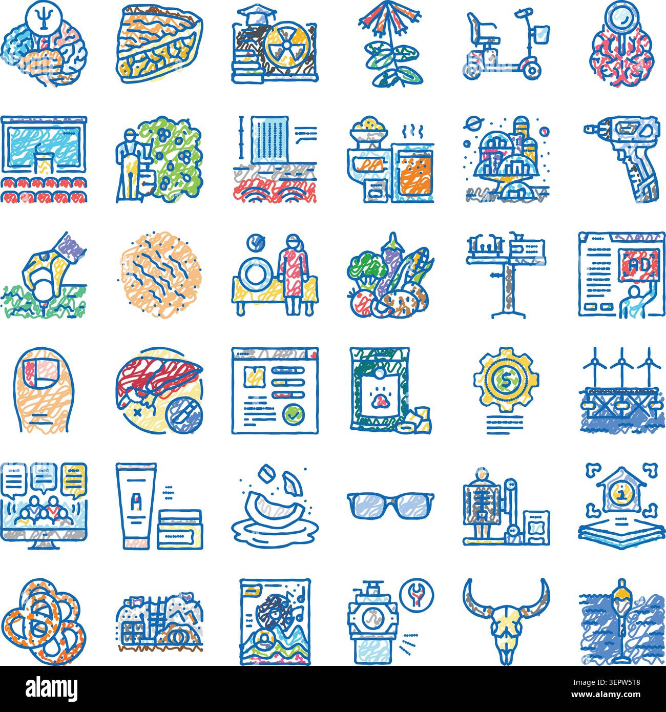 Symbole, die verschiedene Themen von Wissenschaft und Technologie bis hin zu Lebensmitteln und Medizin illustrieren, gezeichnet in einem farbenfrohen Scribble-Stil, perfekt für verschiedene Designprojekte Stock Vektor