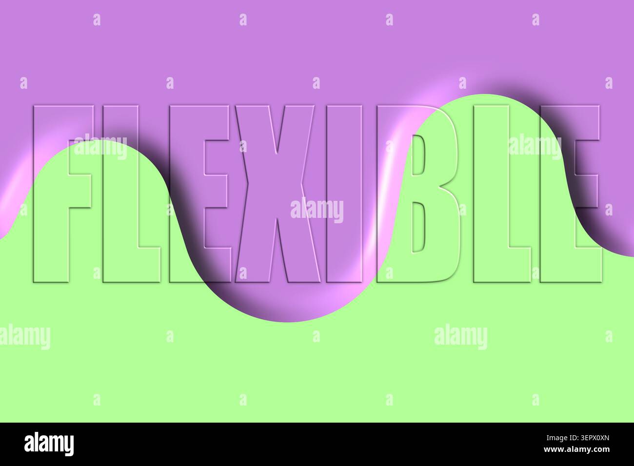Ein Design zeigt das Wort flexibel in großen Buchstaben zusammen mit glatten Wellenformen. Die Farben Lila und Grün vermischen sich zu einem visuellen Effekt. Stockfoto