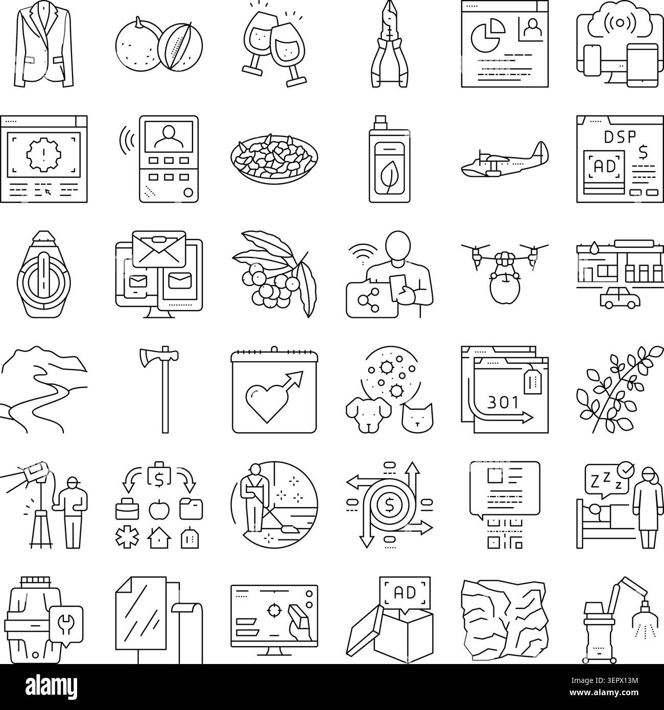 Satz verschiedener Liniensymbole, die Konzepte in Bezug auf digitales Marketing, E-Commerce, Lebensmittel und Getränke, Natur, Werkzeuge, Gesundheit, Reisen und Alltag Stock Vektor