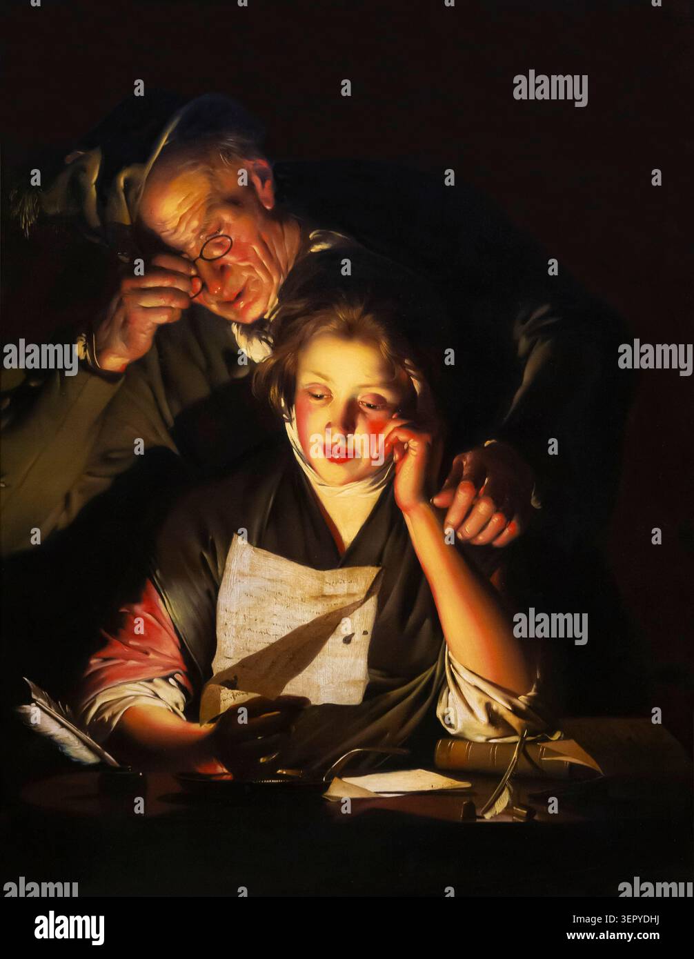 Ein Mädchen, das einen Brief liest, mit einem alten Mann, der über ihrer Schulter liest, Joseph Wright von Derby, um 1767-1770, Stockfoto