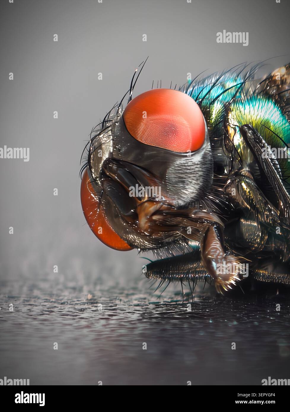 Extreme Nahaufnahme einer grünen Metallfliege, die auf einer dunklen Oberfläche liegt. Das Bild zeigt die großen roten Augen des Insekts, kurze Antennen, DE Stockfoto