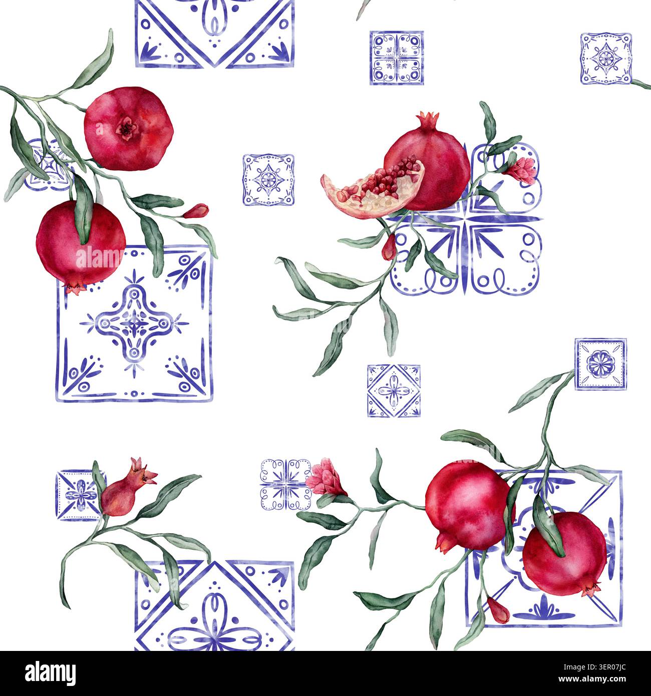Nahtloses Muster aus portugiesischen Azulejo-Fliesen und Granatapfelbranche. Blaues Mittelmeer, spanische Keramiktraditionen. Handgezeichnetes Aquarell Stockfoto