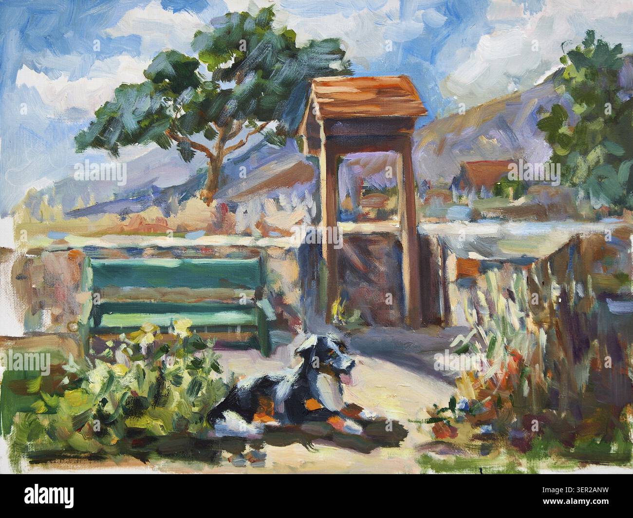 Griechische Sommerlandschaft mit dem Hund. Ölgemälde auf Leinwand von der Künstlerin Inna Prityazhnyuk Stockfoto