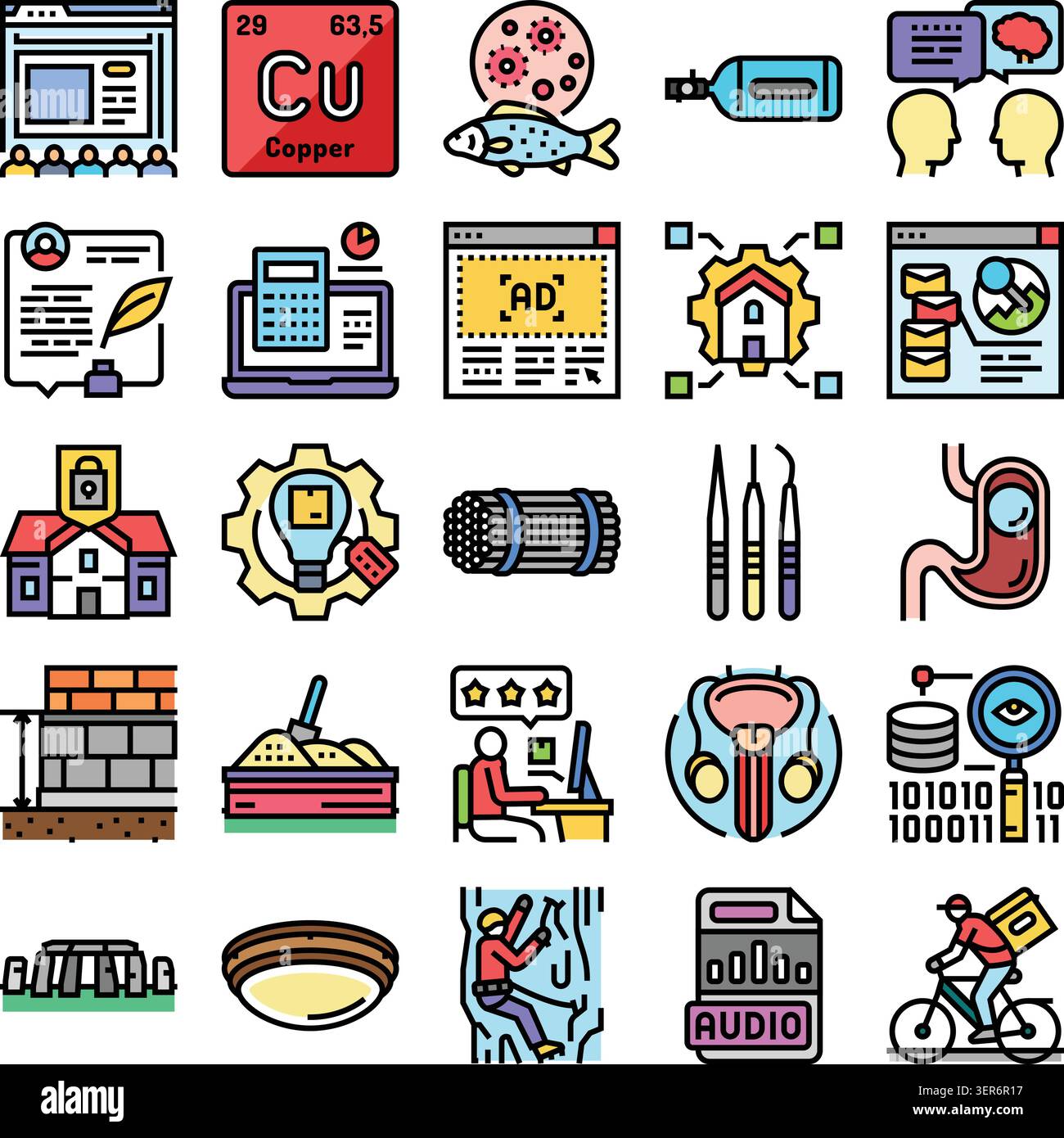 Eine Reihe von farbenfrohen Symbolen, die verschiedene Bereiche repräsentieren, darunter digitales Marketing, Bauwesen, Medizin, Bildung und Bereitstellungsdienste, illust Stock Vektor