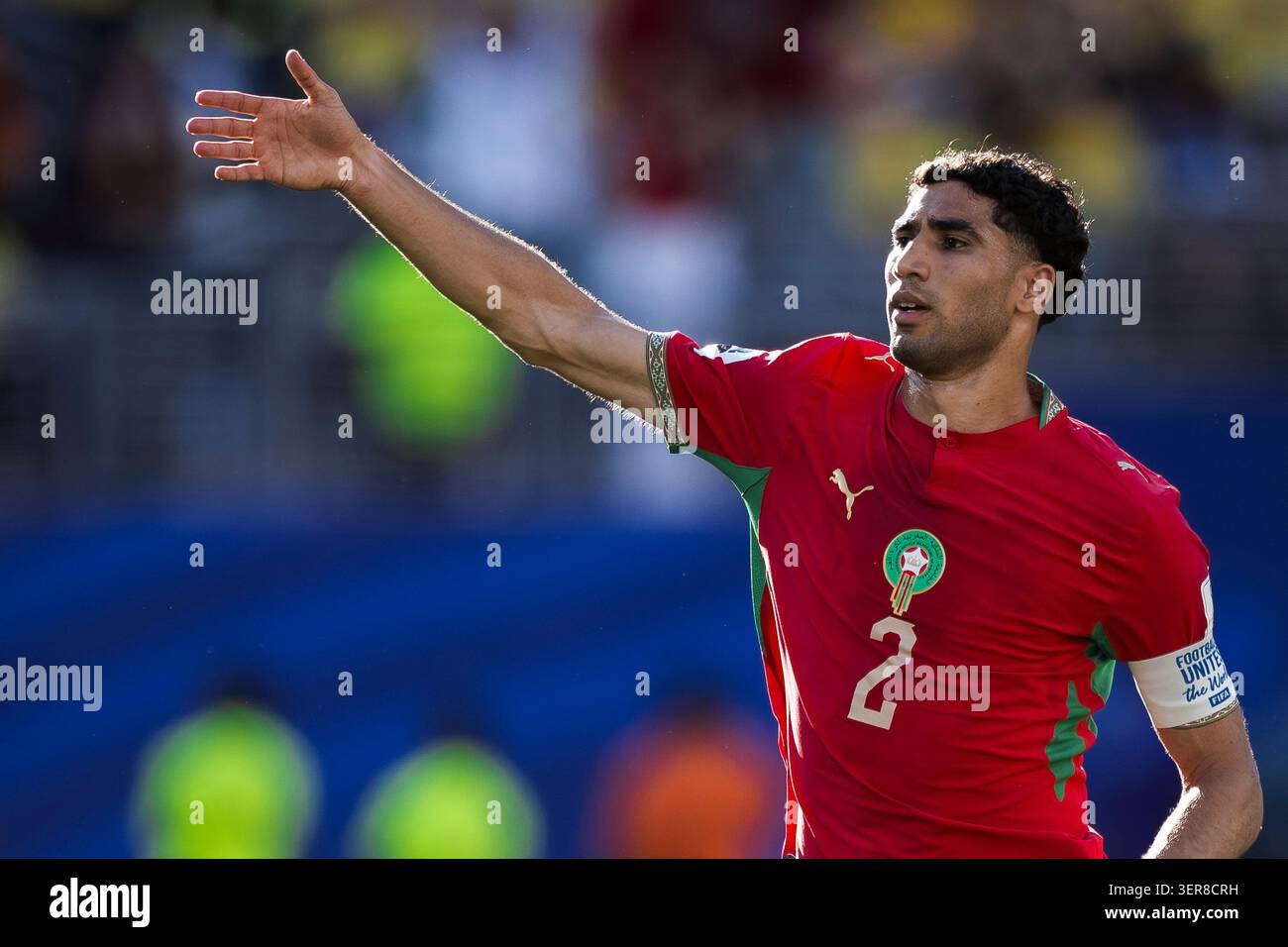Achraf Hakimi aus Marokko gibt Gesten beim Fußball-Spiel der Gruppe C der FIFA-Weltmeisterschaft 2026 zwischen Brasilien und Marokko. Das Spiel endete mit 1-1 Gleichgewichten. Stockfoto