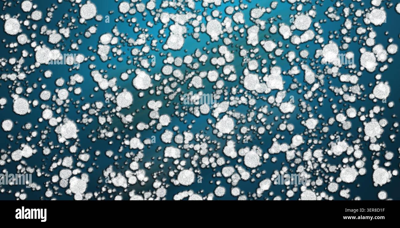 Ein abstrakter Hintergrund mit einem dichten Muster aus weißen, strukturierten, kreisförmigen Partikeln, die über eine leuchtend blaue Verlaufsoberfläche verstreut sind. Stockfoto