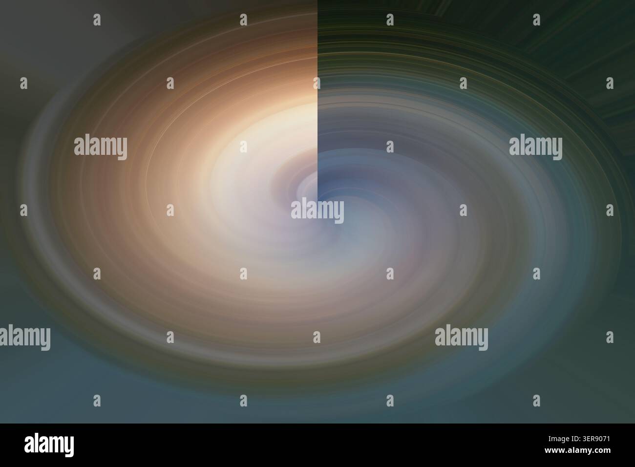 Ein abstrakter digitaler Kunsthintergrund mit einem wirbelnden Wirbelmuster mit weichen, gemischten Verläufen in Blau-, Beige- und dunklen Tönen. Stockfoto