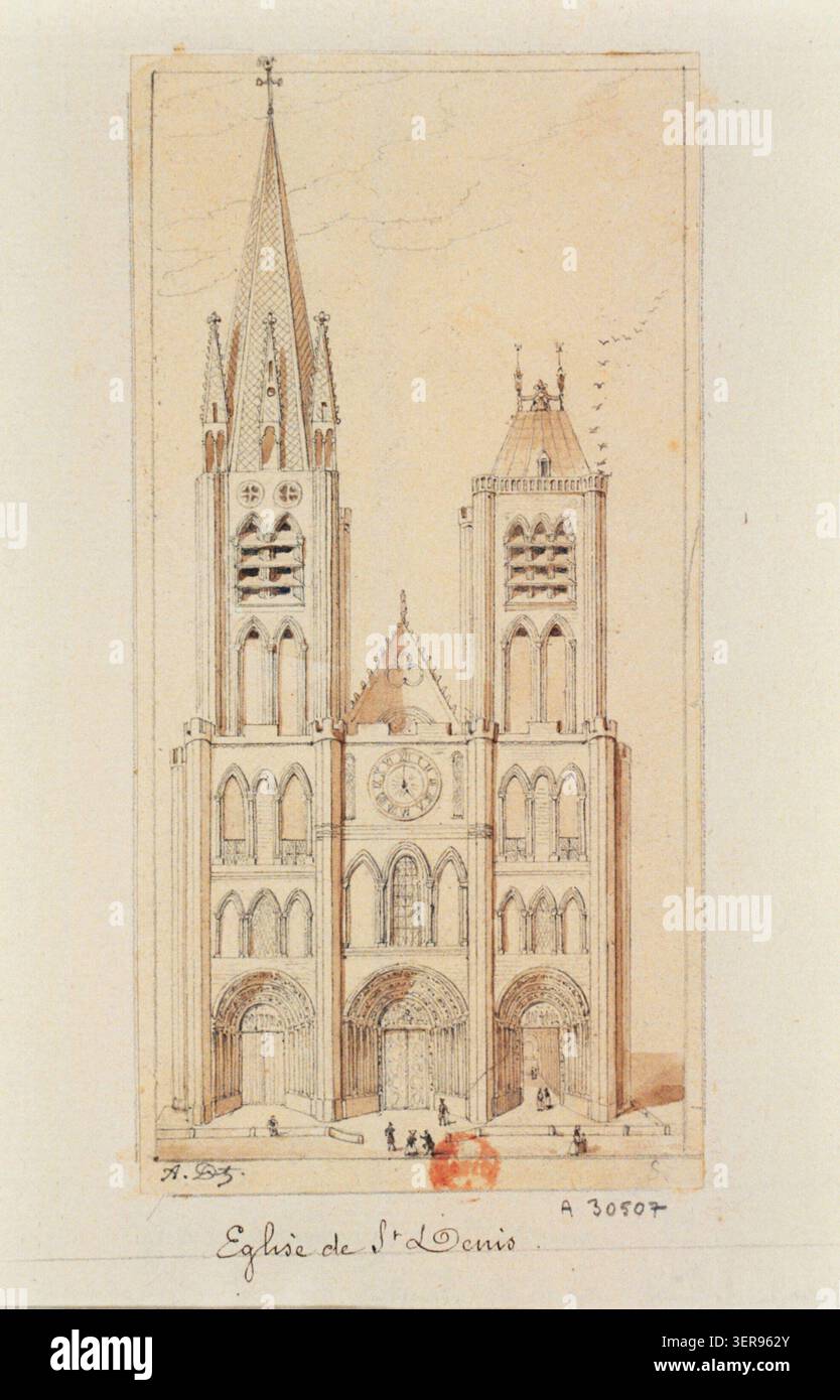 Die Basilika Saint-Denis in seine-Saint-Denis wird durch eine Fassadenstudie dargestellt, die ihre gotische Struktur und Rolle als königliche Nekropole betont und das mittelalterliche kirchliche Erbe und die architektonische Analyse in der Region Paris widerspiegelt. Stockfoto