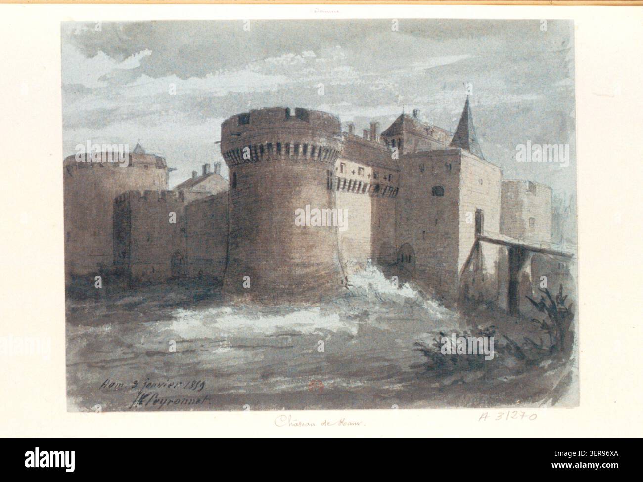 Château de Ham in der Somme ist in einer Zeichnung aufgezeichnet, die seine mittelalterliche Wehrarchitektur, historisch eine Festung und ein Gefängnis, in der nordfranzösischen Picardie-Landschaft präsentiert. Stockfoto