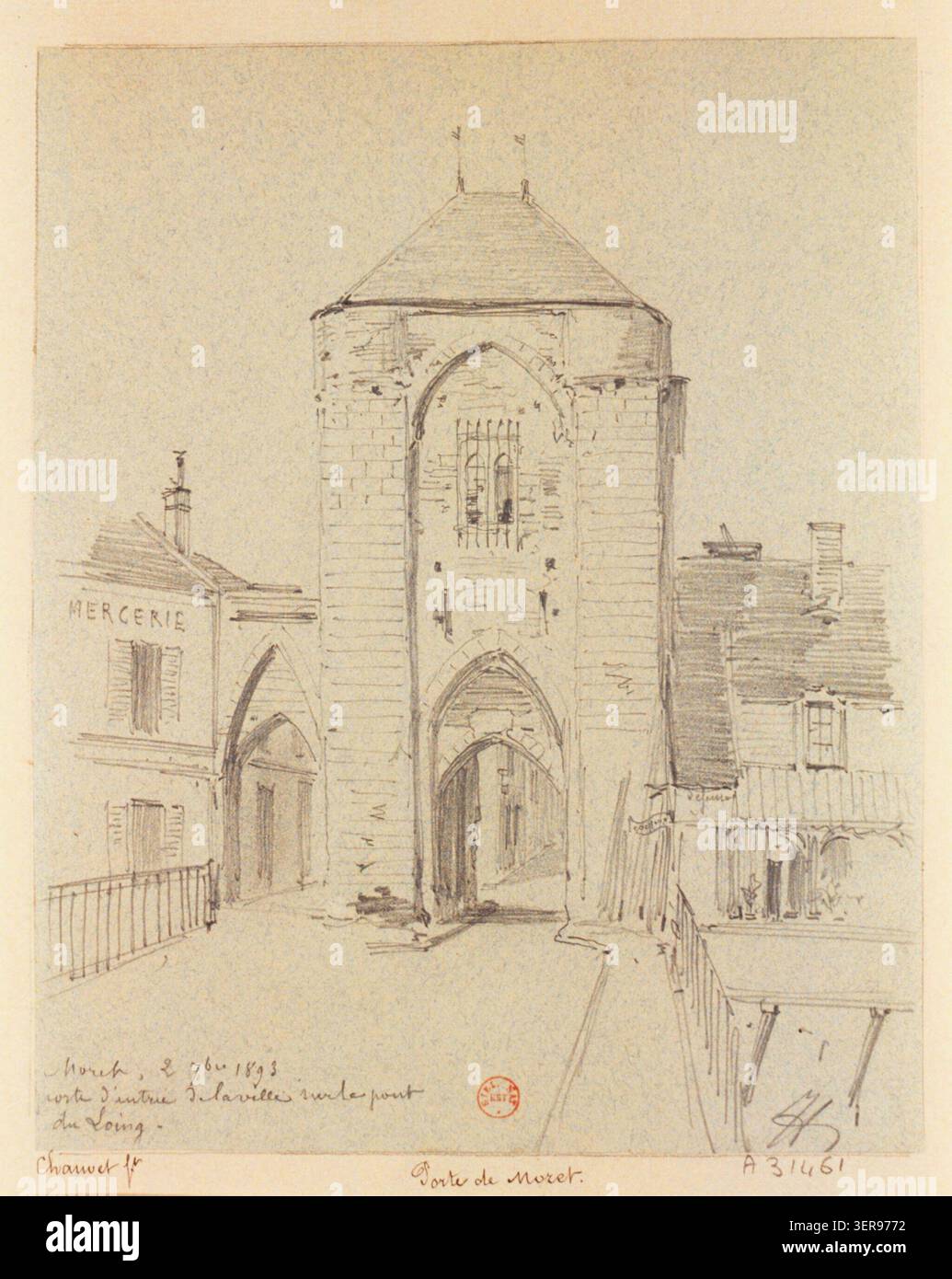 Jules-Adolphe Chauvet zeichnete 1893 das Eingangstor von Moret-sur-Loing auf der Loing-Brücke. In der Komposition wird die Porte de Bourgogne als Hauptmerkmal der Stadt aufgezeichnet und in eine Umgebung aus dem 19. Jahrhundert eingeordnet. Stockfoto