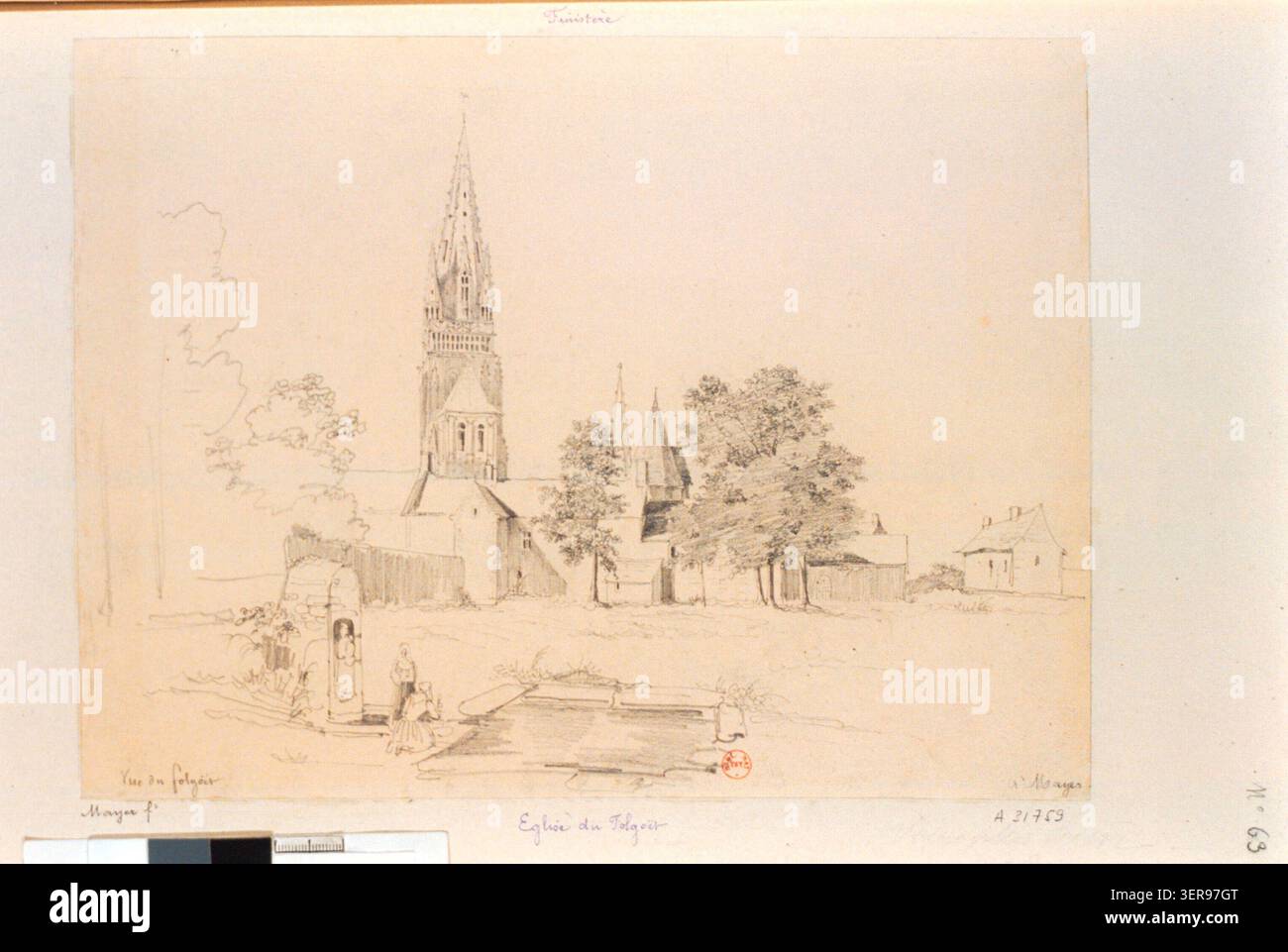 Eine gezeichnete Ansicht aus dem Jahr 1831 zeigt die Kirche Notre-Dame in Le Folgoët in Finistère, die die religiöse Stätte der Bretonischen Kirche und die ländliche Umgebung in einem Kontext der Wallfahrt und kirchlichen Landschaft des 19. Jahrhunderts dokumentiert. Stockfoto