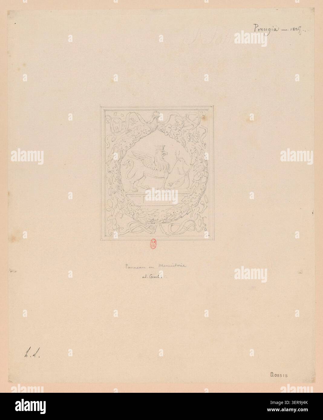 Henri Labrouste zeichnet 1825 eine geschnitzte Holztafel auf, die einen Greif an den Türen des Collegio del Cambio zeigt und analysiert ornamentale Komposition, Holzdetails und symbolische dekorative Gestaltung innerhalb der Renaissance-Architektur. Stockfoto