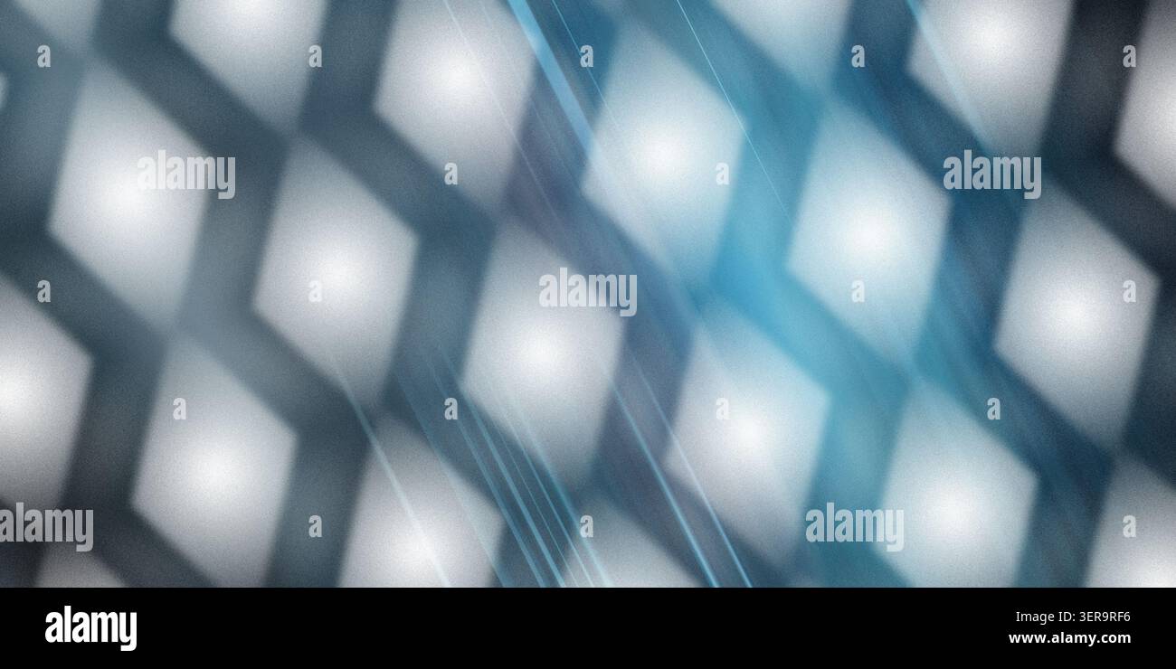 Ein abstrakter Hintergrund mit einem sich wiederholenden Muster aus leuchtenden, weichen Diamantformen mit leuchtenden blauen Lichtstreifen. Stockfoto