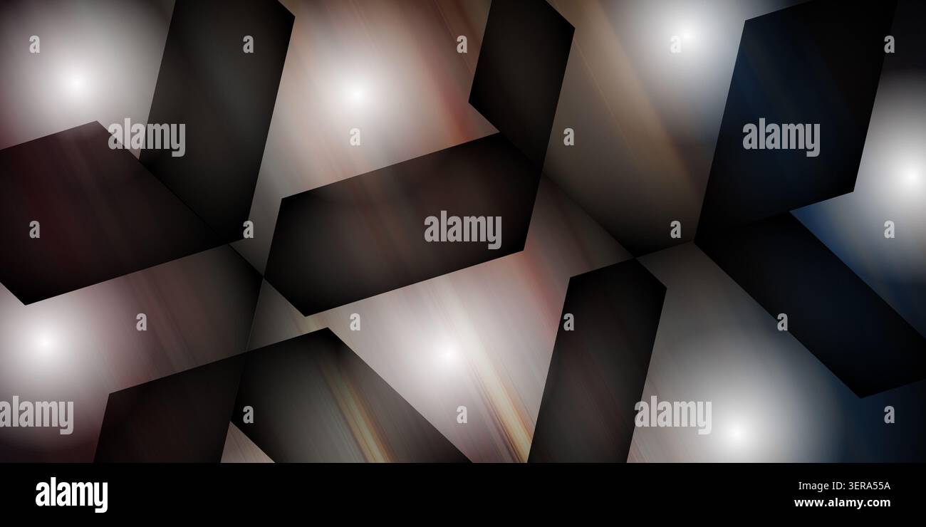Ein modernes abstraktes Design mit dunklen, polygonalen Formen auf einem warmen, leuchtenden und trüben Hintergrund mit dezenten Lichtstrahlen. Stockfoto