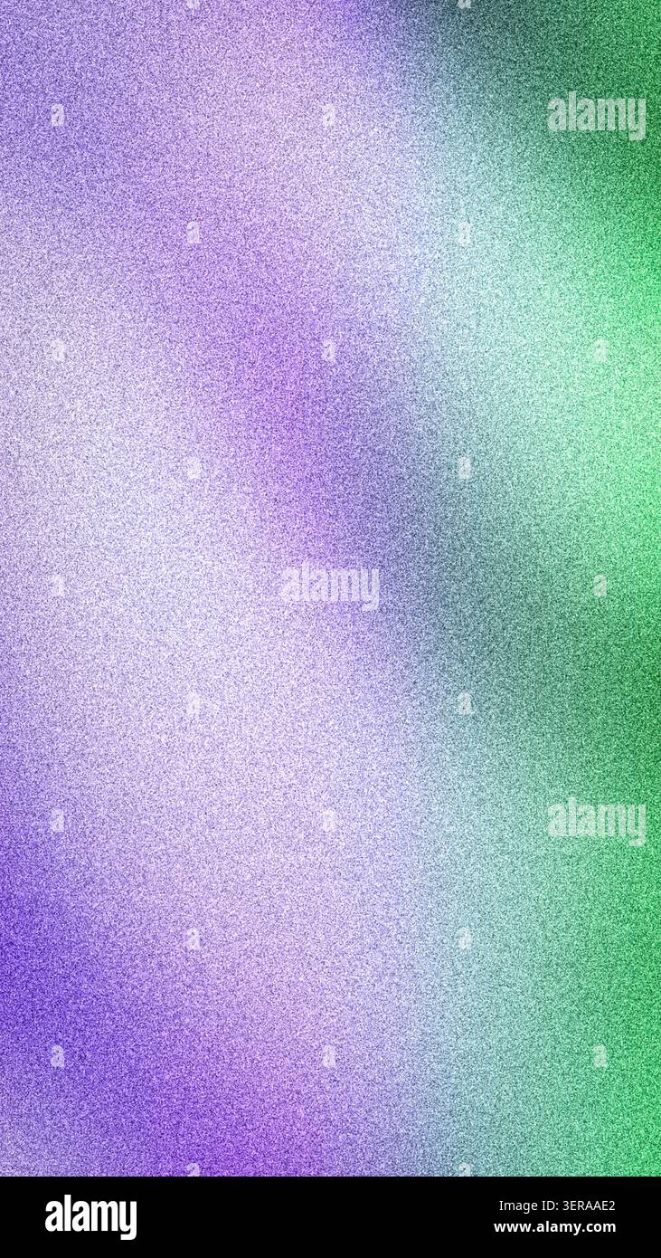 Trendige, abstrakte Tapete mit vertikalem Farbverlauf, die weiche Lavendel, leuchtendes Neongrün, blassblau und weiß kombiniert und eine markante, körnige Textur aufweist Stockfoto