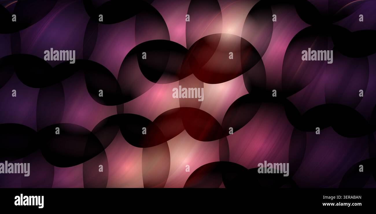 Ein dunkler abstrakter Hintergrund mit einem Muster aus sich überlappenden Kreisen mit tiefvioletten und rosa Lichteffekten und sanften leuchtenden Highlights. Stockfoto