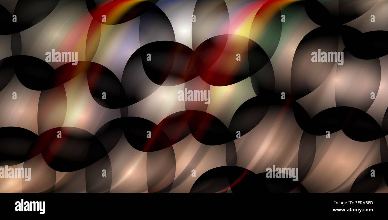 Ein dunkler abstrakter Hintergrund, bestehend aus sich überlappenden kreisförmigen Formen mit warmen, leuchtenden Lichtflecken und dezenten Farbverläufen in Regenbogenfarben. Stockfoto