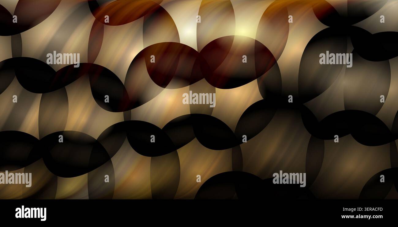 Ein abstrakter digitaler Kunsthintergrund mit einem Muster aus sich überlappenden kreisförmigen Formen mit einer warmen, metallischen Gold- und dunkelbraunen Farbpalette und einem hellen Licht Stockfoto