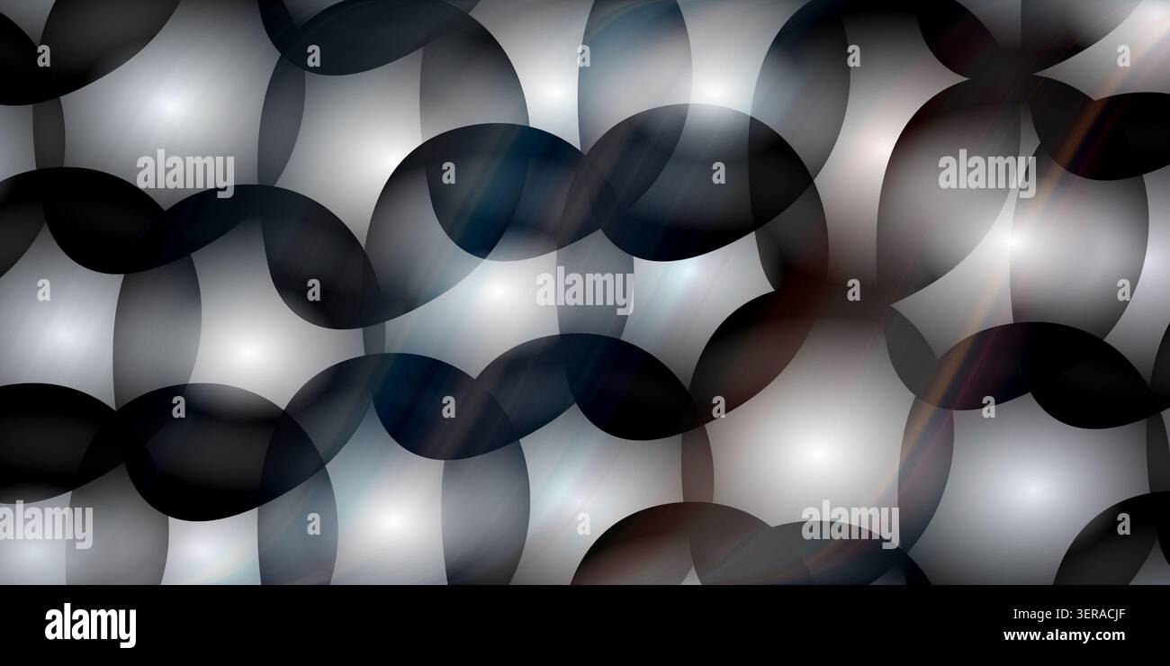 Ein abstraktes Hintergrunddesign mit einem Raster aus sich überlappenden Kreisen mit hellen Lichtflecken und weichen Grauverläufen, die eine moderne Ästhetik schaffen. Stockfoto