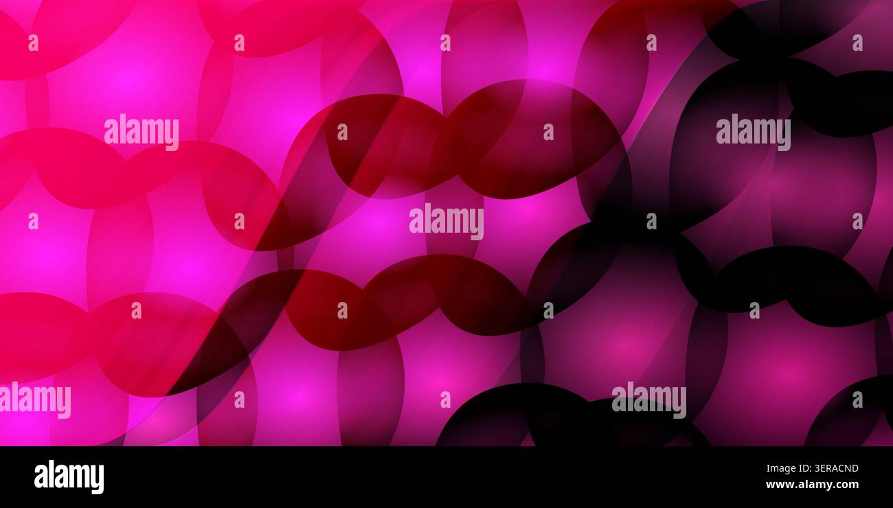 Dynamischer abstrakter Hintergrund mit überlappenden durchscheinenden Kreisen, die von hellem Neonpink zu Dunkelrot und Schwarz übergehen. Stockfoto