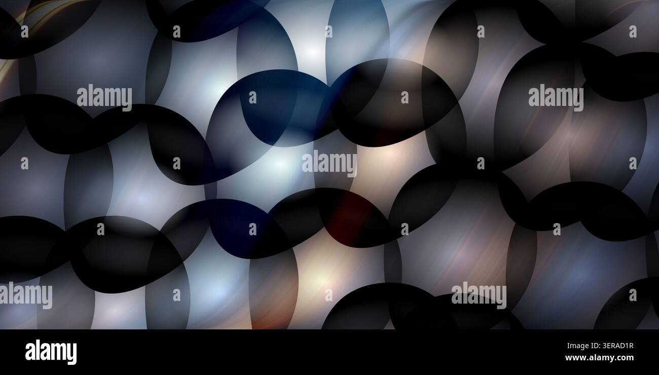 Ein abstrakter Hintergrund mit einem sich wiederholenden Muster überlappender Kreise in kühlen Blau- und Grautönen mit sanfter Beleuchtung und subtilen Verläufen. Stockfoto