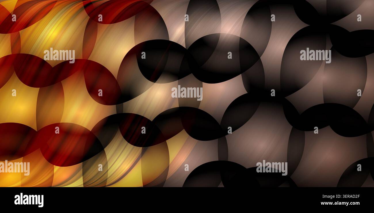 Eine abstrakte digitale Kunstkomposition mit einem Muster aus sich überschneidenden kreisförmigen Formen mit Farbverläufen und Texturen in warmen Orange, Rot und Gold. Stockfoto