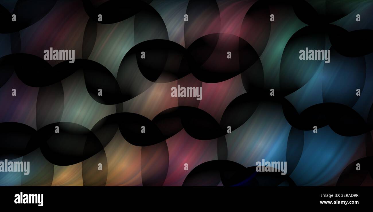 Ein abstrakter digitaler Kunsthintergrund mit einem Muster aus sich überlappenden kreisförmigen Formen mit dunklen, stimmungsvollen Verläufen und subtilen Lichtstreifen. Stockfoto