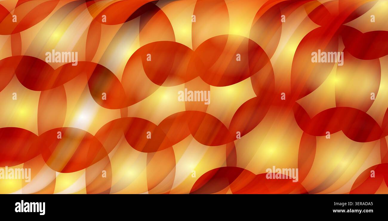 Ein warmer, energischer abstrakter Hintergrund, der aus sich wiederholenden kreisförmigen Formen in Orange, Gold und Rot mit einem leuchtenden, strukturierten Finish besteht. Stockfoto