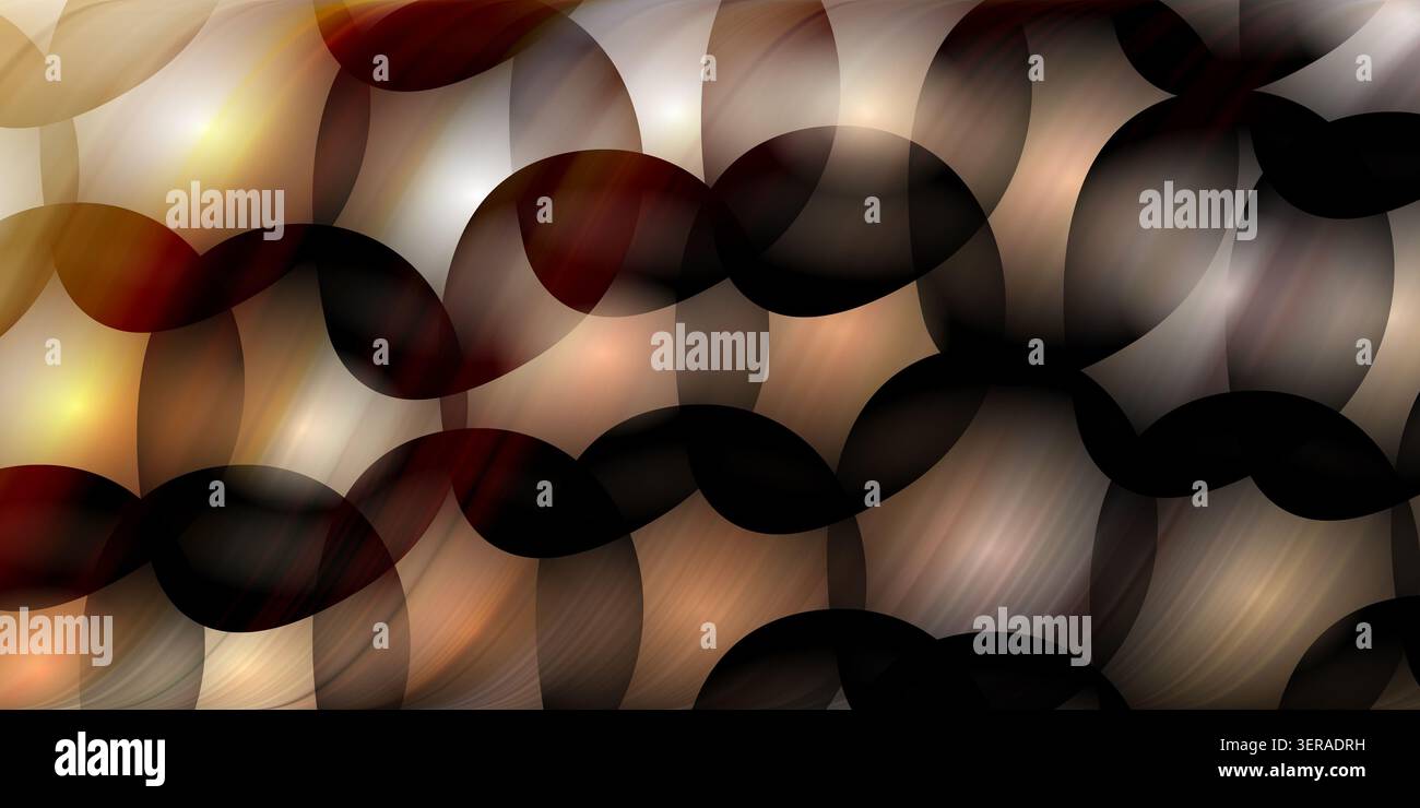 Ein abstraktes Muster mit sich überlappenden Kreisen in warmen Gold-, Braun- und Schwarztönen, mit dezenten Lichteffekten und strukturiertem Aussehen. Stockfoto