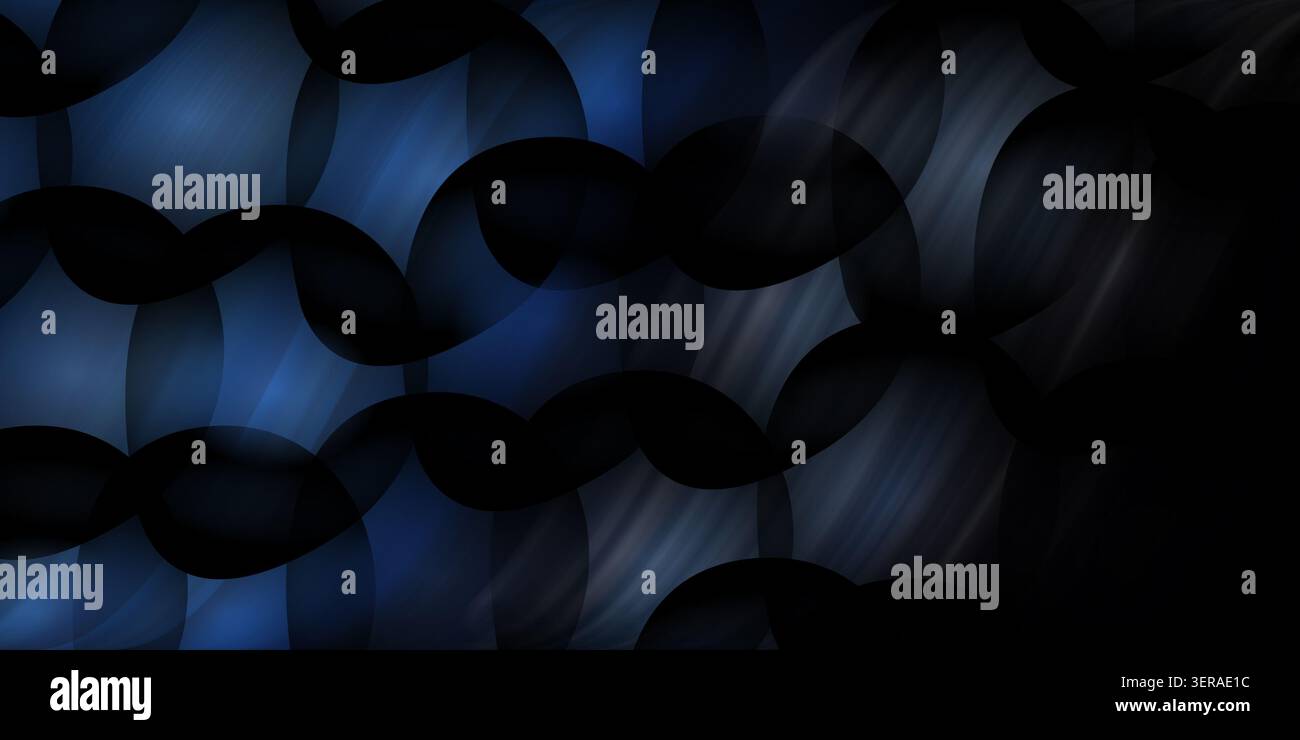 Ein dunkler und stimmungsvoller abstrakter Hintergrund mit einem Muster aus sich überlappenden, durchscheinenden blauen und schwarzen ovalen Formen, wobei das Design dezent in Dee verblasst Stockfoto