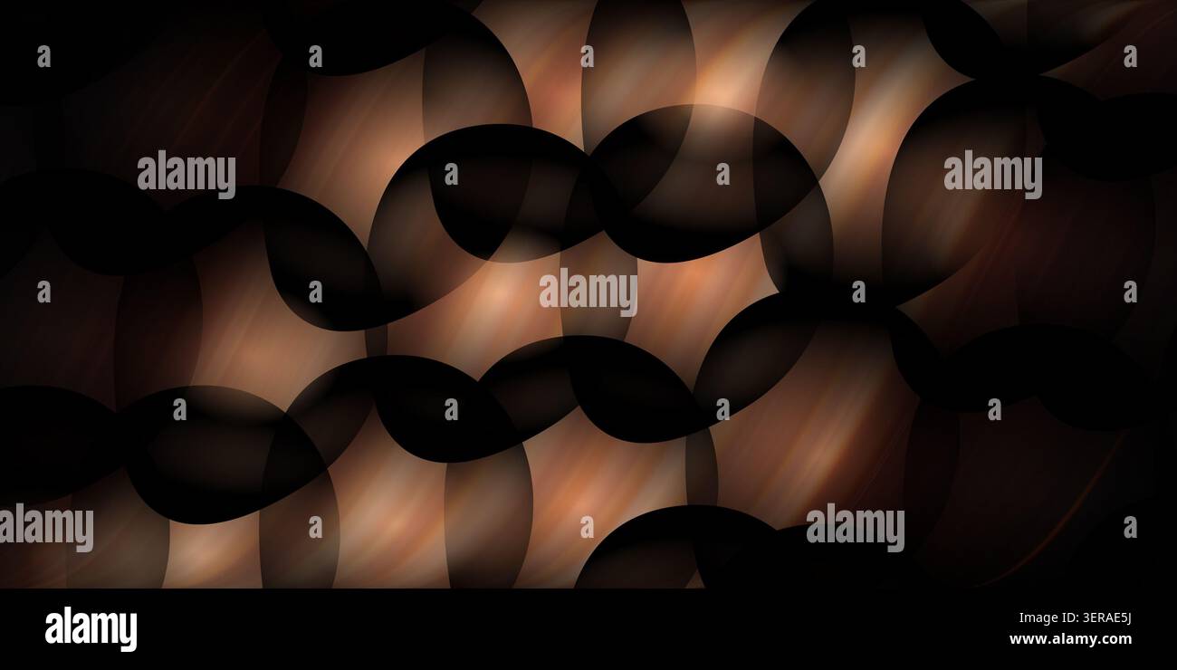 Ein eleganter abstrakter Hintergrund mit überlappenden dunklen Formen und leuchtenden Kreisen in warmen Erdtönen wie Braun, Orange und Gold, wodurch ein subtiles, Stockfoto