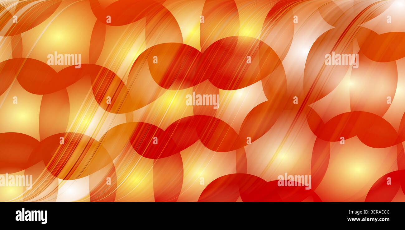 Energiegeladener abstrakter Hintergrund mit sich überlappenden, gekrümmten Formen in leuchtenden Orange-, Rot- und Gelbtönen mit hellen Lichteffekten. Stockfoto
