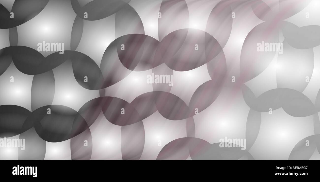 Monochromer abstrakter Hintergrund mit sich überlappenden kreisförmigen Formen, Wellen und leuchtendem Licht in Grau-, weiß- und gedämpftem Violett. Stockfoto