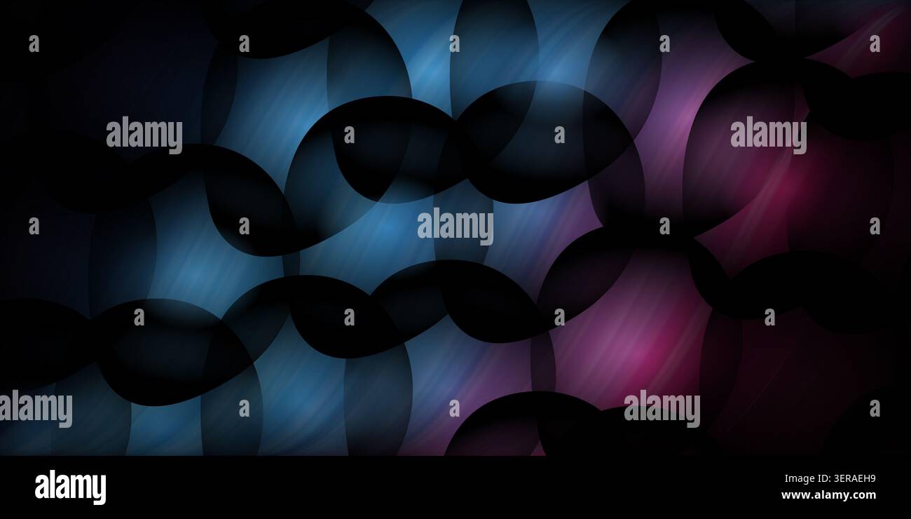 Dunkler abstrakter Hintergrund mit sich überlappenden kreisförmigen Formen und einem leuchtend blau-violetten Farbverlauf, perfekt für moderne digitale Designs. Stockfoto