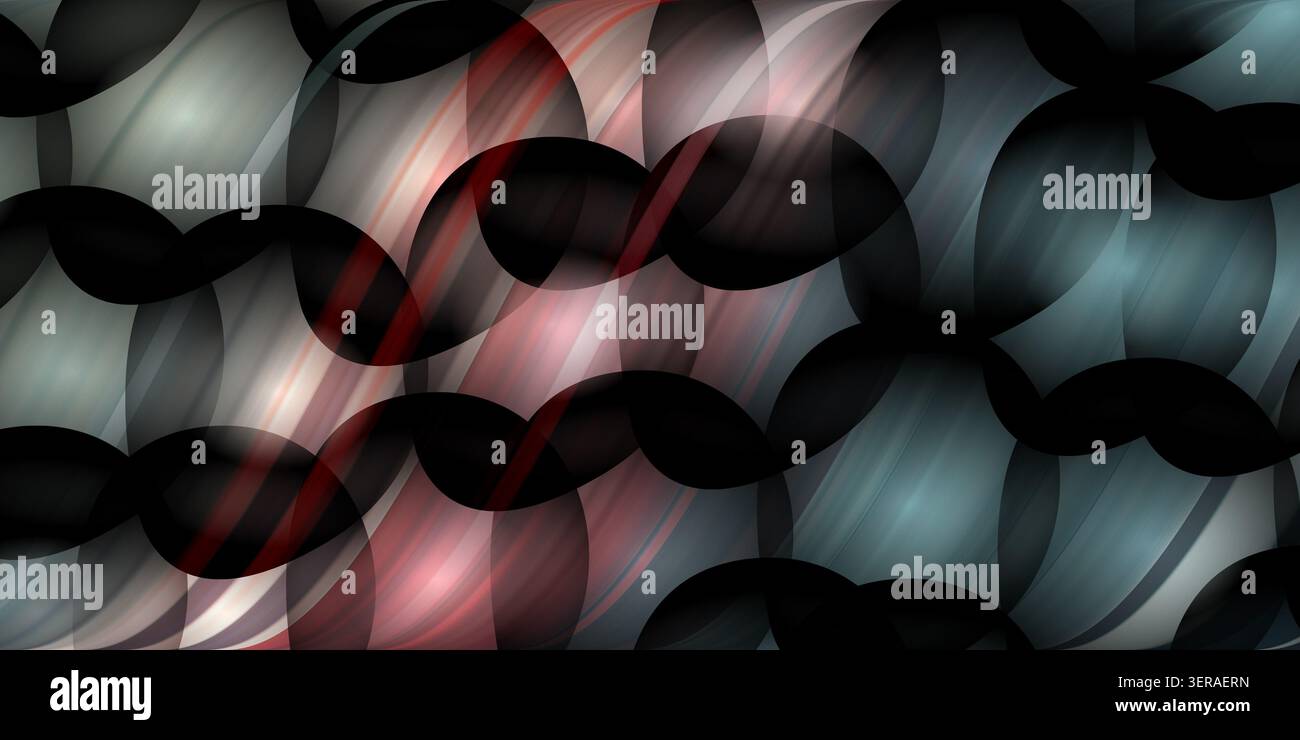 Eleganter abstrakter Hintergrund mit sich überlappenden kreisförmigen Formen, dunklen welligen Bändern und einem leuchtenden Rot- und Blauverlaufsglühen. Stockfoto