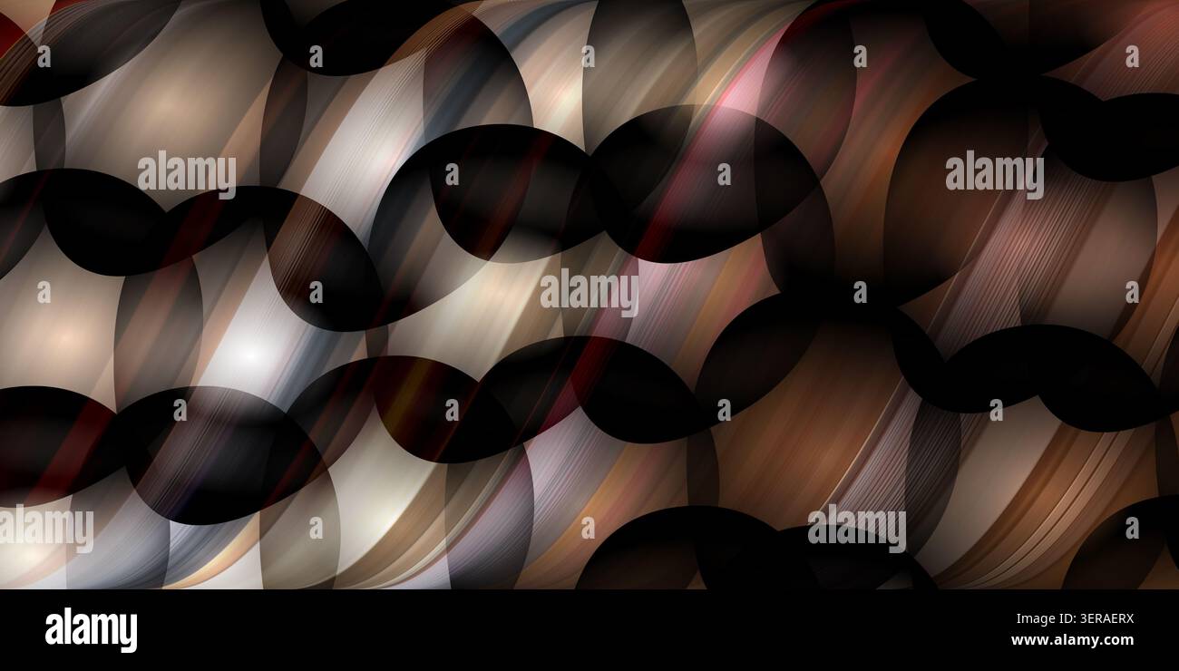Lebendiger abstrakter Hintergrund mit sich überlappenden dunklen Kreisen über einem strukturierten metallischen Hintergrund aus Bronze-, Kupfer- und silberfarbenen Lichtstreifen. Stockfoto