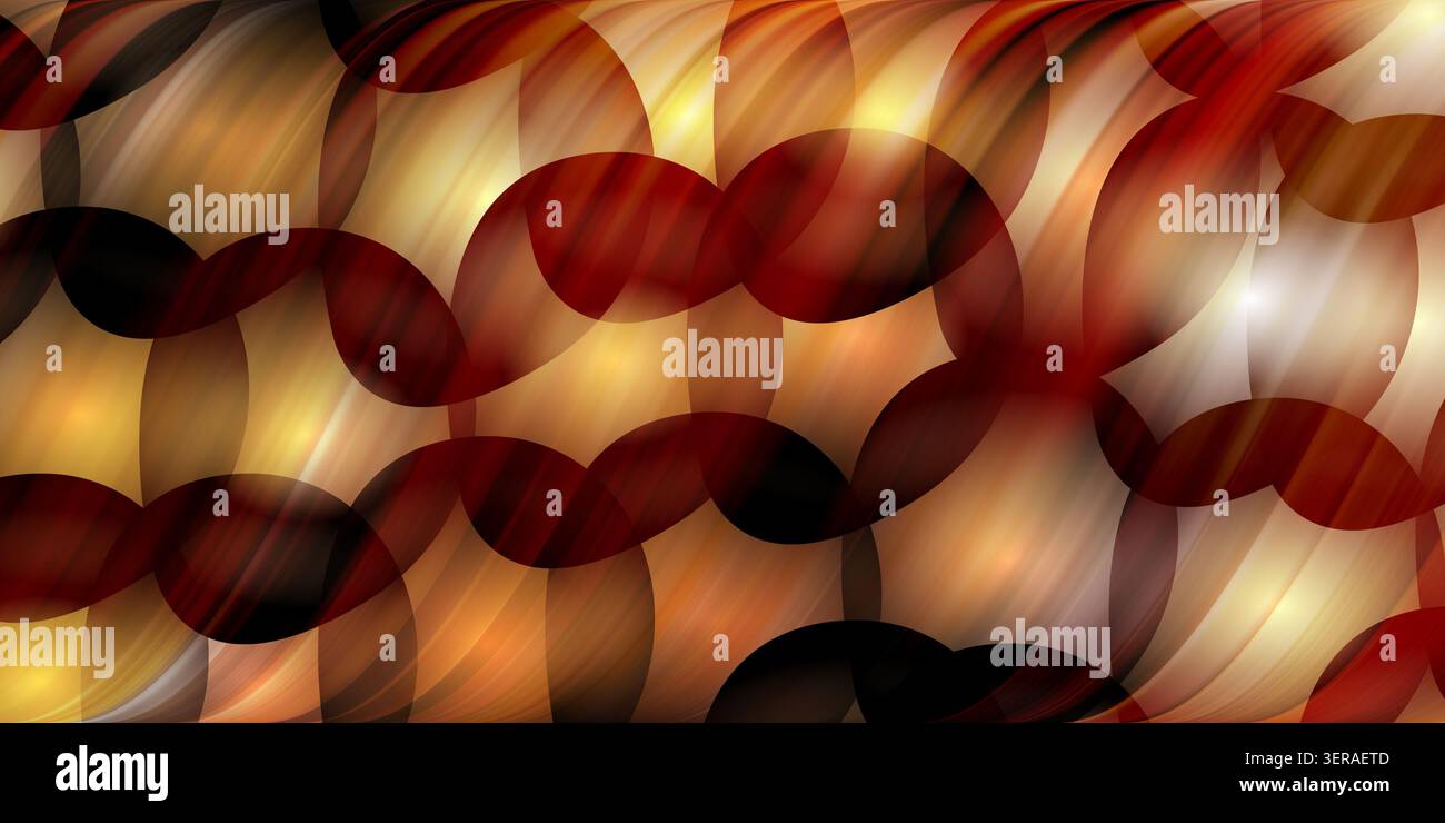 Lebendiger abstrakter Hintergrund in warmen Gold-, Rot- und Schwarz-Tönen mit sich überlappenden Kreisen und einer glatten, fließenden Satin-Wellenstruktur. Stockfoto