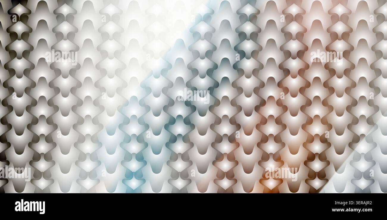 Ein nahtloser abstrakter Hintergrund mit einem sich wiederholenden Muster aus stilisierten, abgerundeten geometrischen Formen mit einer Mischung aus warmen und kühlen Farbverläufen. Stockfoto