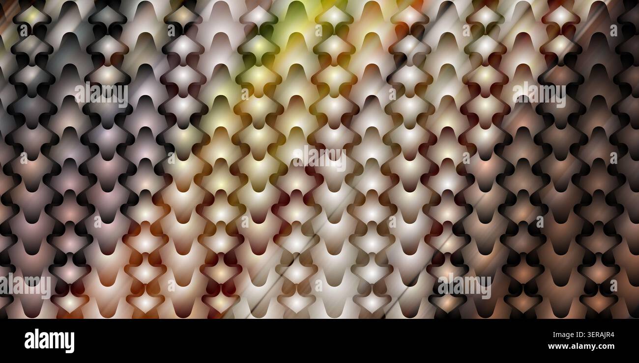 Ein nahtloser abstrakter Hintergrund mit einem sich wiederholenden Muster aus stilisierten, ineinandergreifenden geometrischen Formen mit einem metallischen, hellen und neutralen Verlauf. Stockfoto