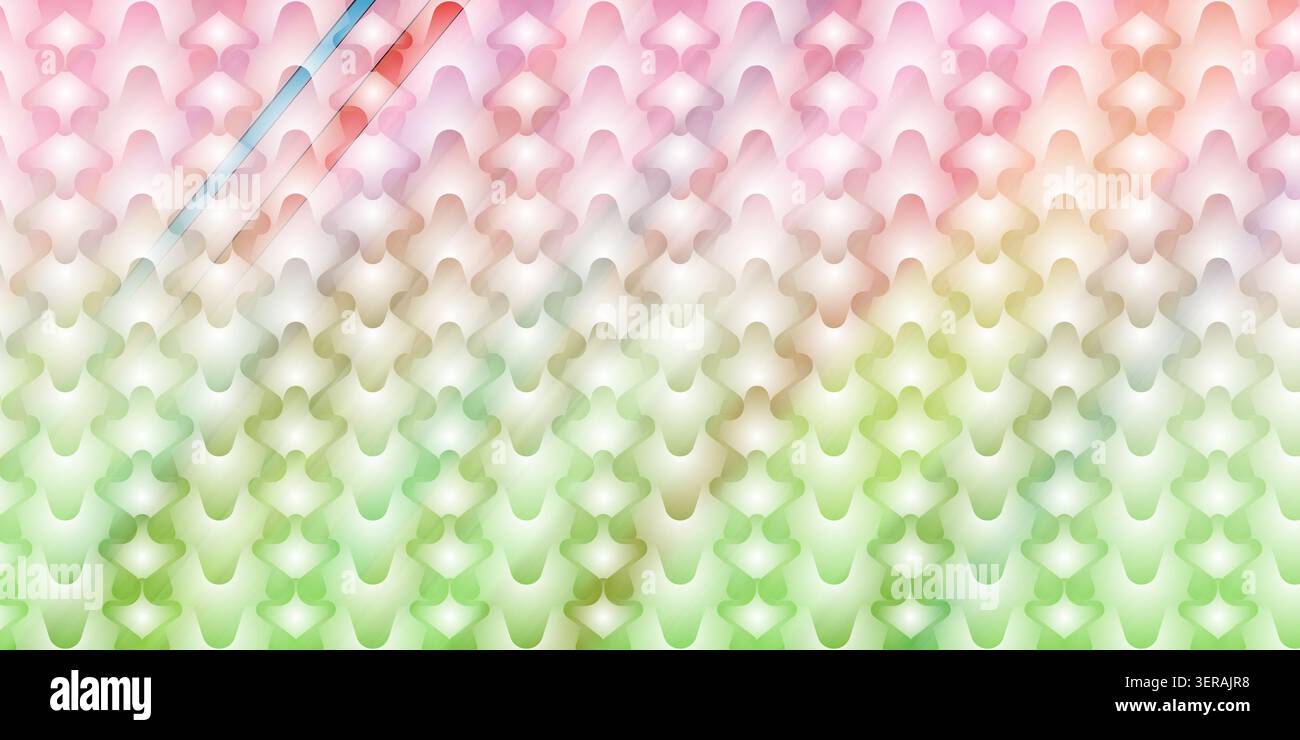 Ein nahtloser abstrakter Hintergrund mit einem sich wiederholenden Muster stilisierter, abgerundeter geometrischer Formen mit einem leuchtenden rosa und grünen Farbverlauf. Stockfoto