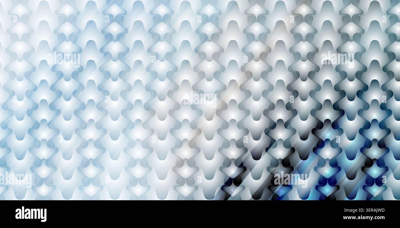 Ein nahtloser abstrakter Hintergrund mit einem sich wiederholenden Muster stilisierter, abgerundeter geometrischer Formen mit einem weichen Blau-weiß-Verlaufseffekt. Stockfoto