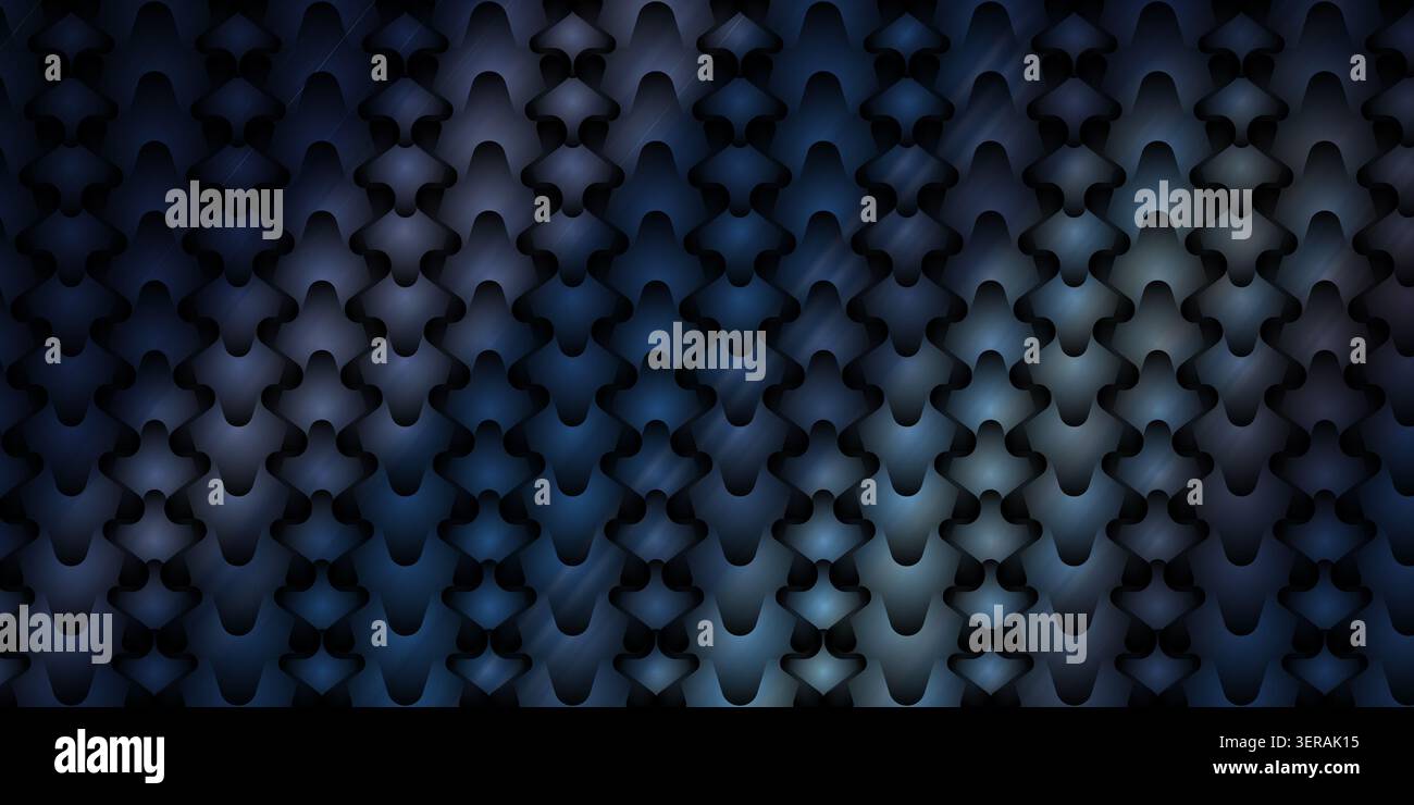 Ein nahtloser abstrakter Hintergrund mit einem sich wiederholenden Muster aus stilisierten, ineinander greifenden geometrischen Formen mit einem kühlen Blau- und Dunkelmarineblau-Farbverlauf. Stockfoto