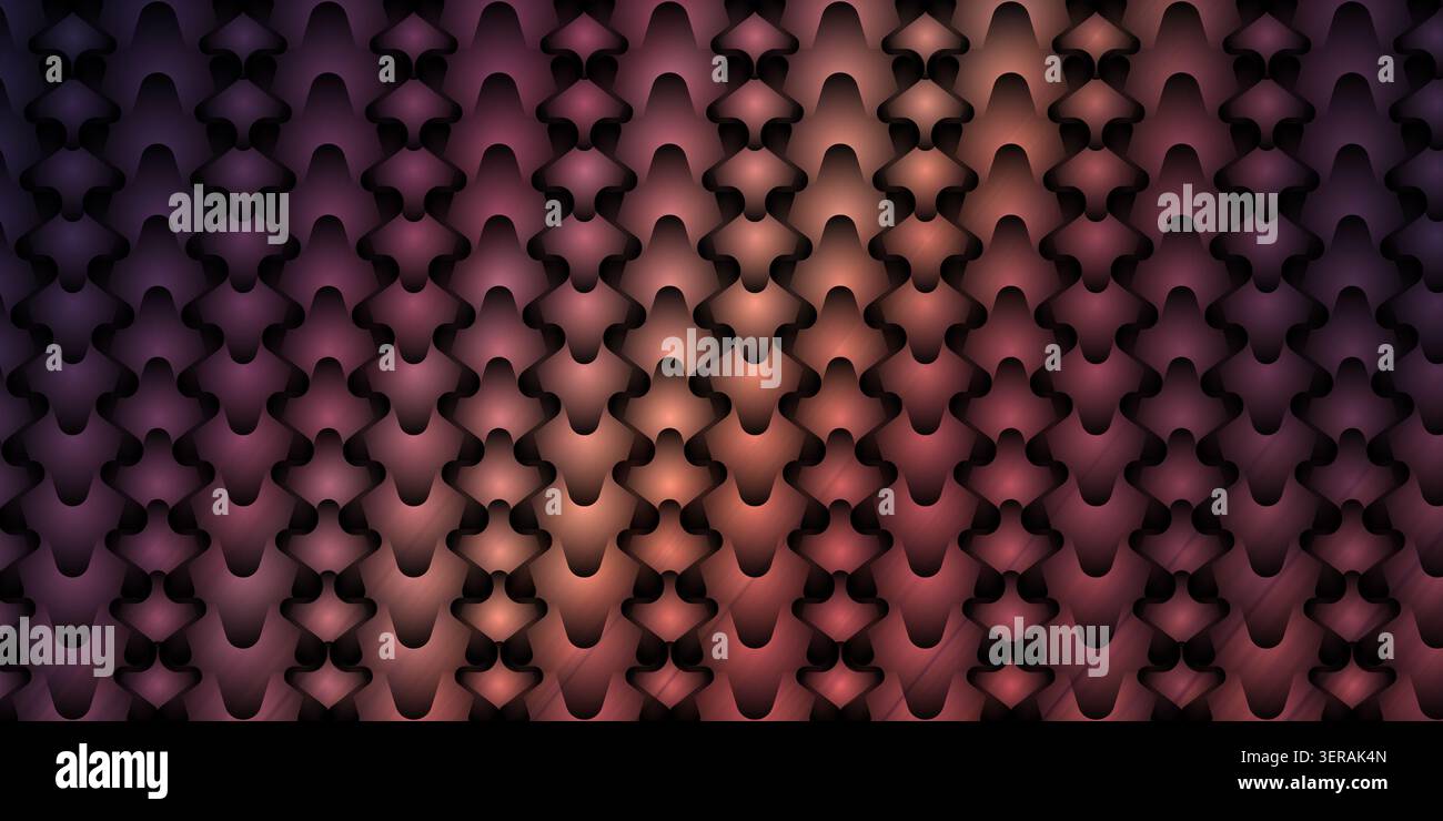 Ein nahtloser abstrakter Hintergrund mit einem sich wiederholenden Muster aus stilisierten, ineinander greifenden geometrischen Formen mit einem warmen Orange-, Rot- und Violetrott-Farbverlauf. Stockfoto