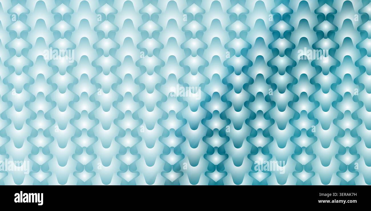 Ein nahtloser abstrakter Hintergrund mit einem sich wiederholenden Muster aus stilisierten, abgerundeten, pfeilförmigen Formen mit einem glatten blauen Farbverlauf und sanfter Beleuchtung Stockfoto
