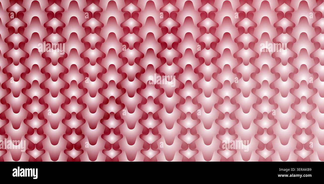 Ein nahtloser abstrakter Hintergrund mit einem sich wiederholenden Muster aus stilisierten, ineinander greifenden Formen in sanften rosa und weißen Verläufen. Stockfoto
