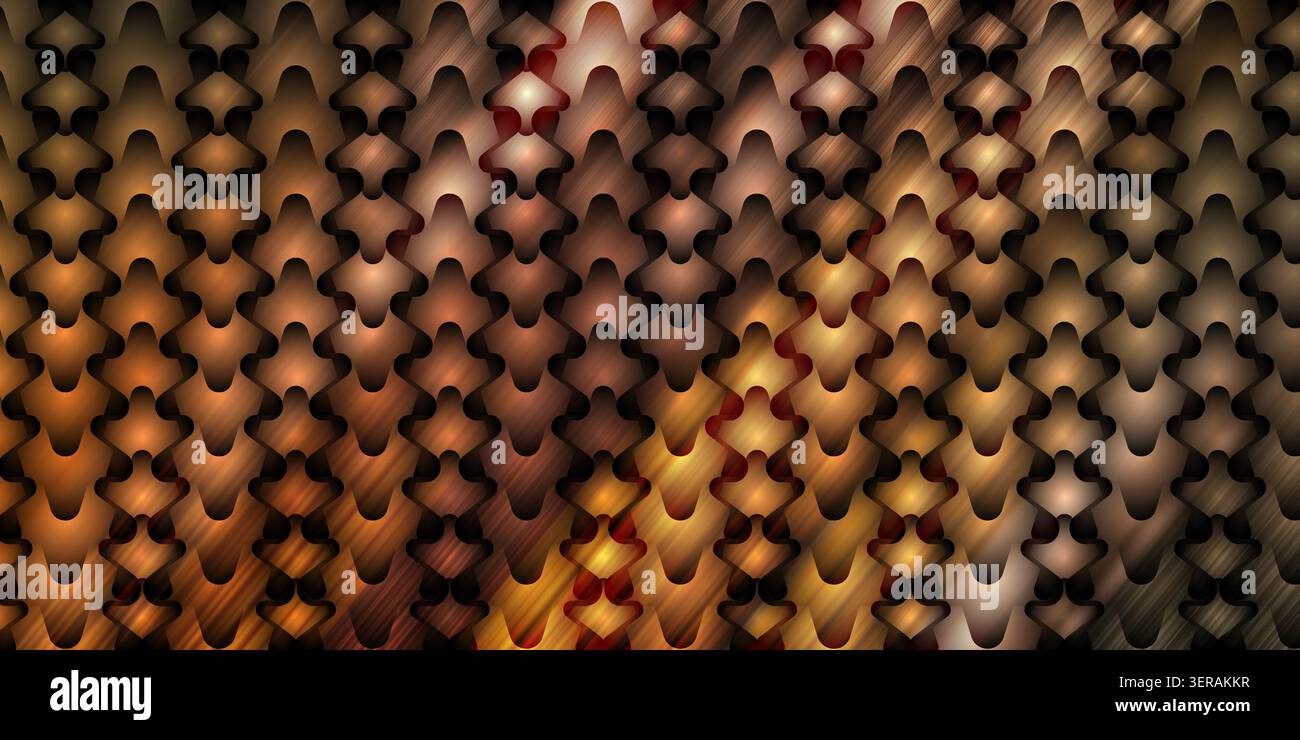 Ein nahtloser abstrakter Hintergrund mit einem sich wiederholenden metallischen, skalenartigen Muster mit warmen Kupfer- und Bronzestufen und diagonalen Lichtstreifen. Stockfoto