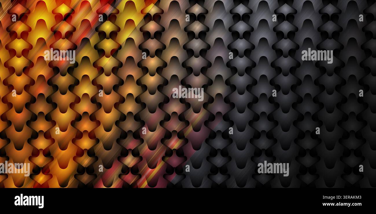 Ein nahtloser abstrakter Hintergrund mit einem sich wiederholenden, metallischen, schuppenartigen Muster mit einem Farbverlauf, der von feurigem Orange zu dunkler Kohle übergeht. Stockfoto