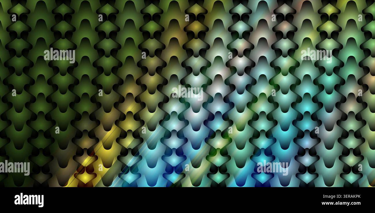 Ein nahtloser abstrakter Hintergrund mit einem sich wiederholenden Muster aus stilisierten grünen und blauen Metallic-Formen mit weichem Lichteffekt und diagonaler Textur. Stockfoto