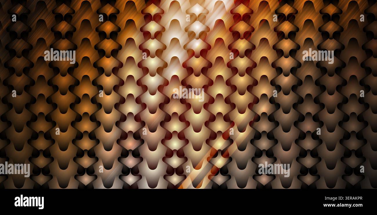 Ein nahtloser abstrakter Hintergrund mit einem sich wiederholenden Muster aus stilisierter Metallic-Bronze- und Goldform mit weichem Lichteffekt und diagonaler Textur Stockfoto