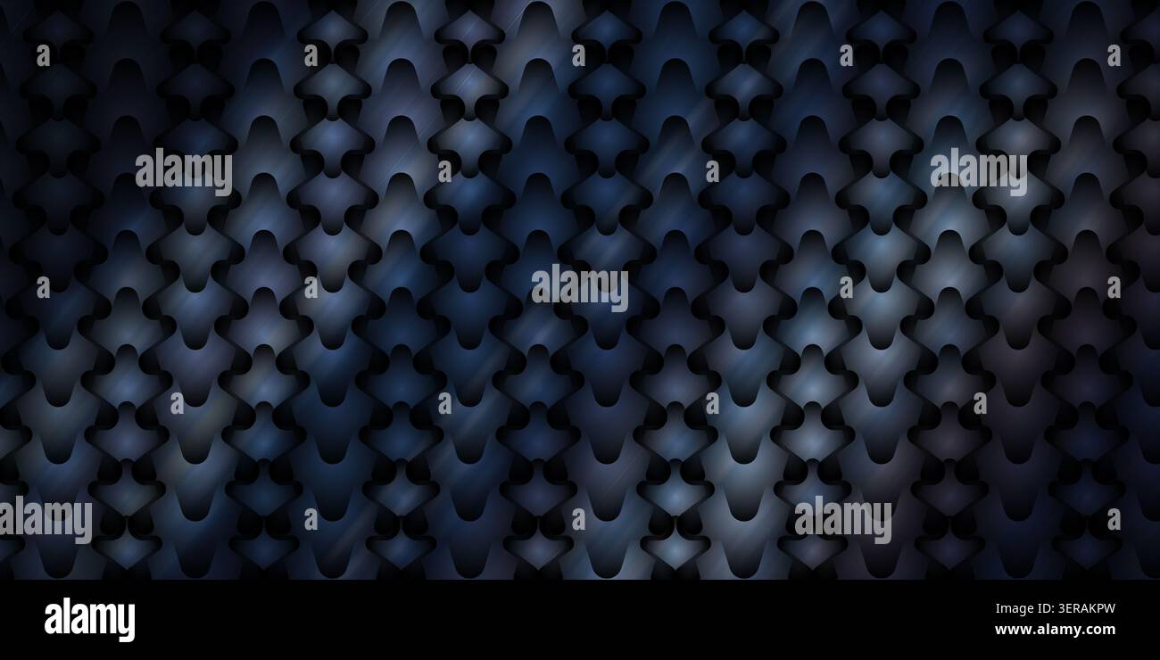 Ein nahtloser abstrakter Hintergrund mit einem sich wiederholenden Muster aus stilisierten dunkelblauen Metallic-Formen mit dezentem Lichteffekt und diagonaler Textur. Stockfoto